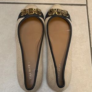 Talbots Beige Canvas Flats with Black Trim and Gold Hardware